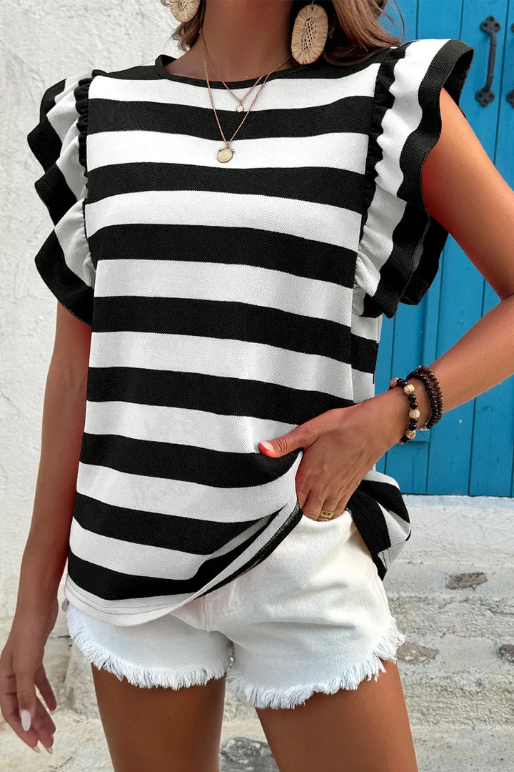 Ruffle Sleeve Striped T-Shirt