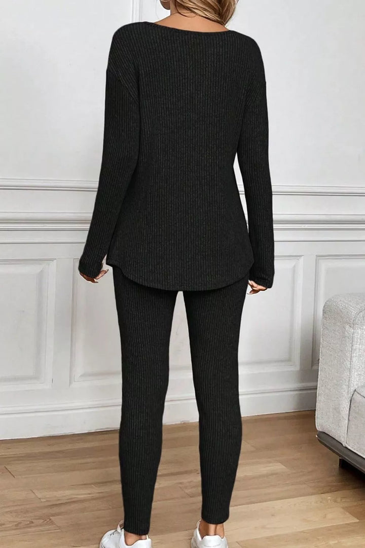 Notched Long Sleeve Top and Pants Set