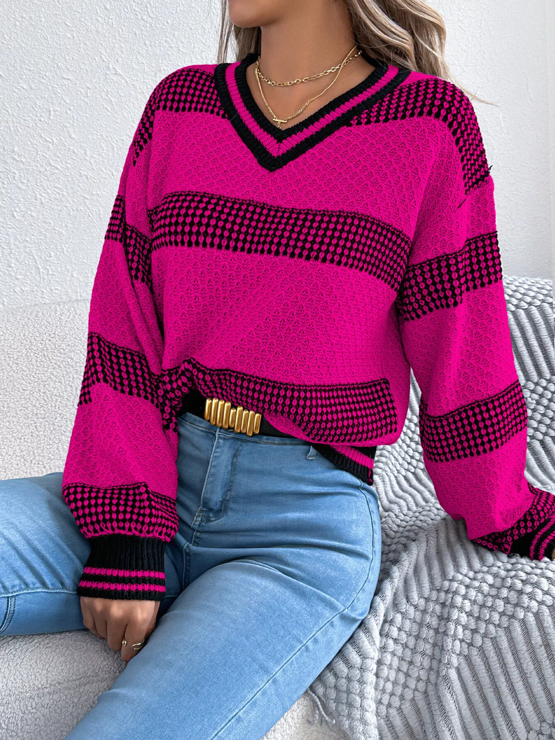 Contrast Striped V-Neck Sweater