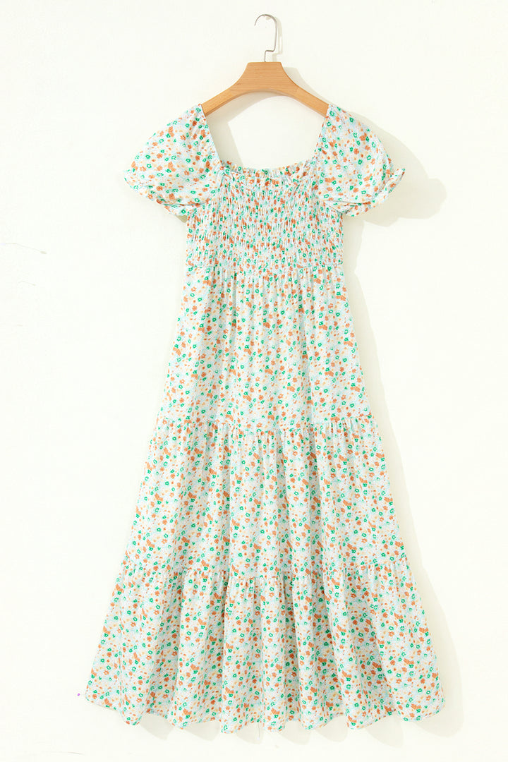 Green Floral Short Bubble Sleeve Shirred High Waist Maxi Dress