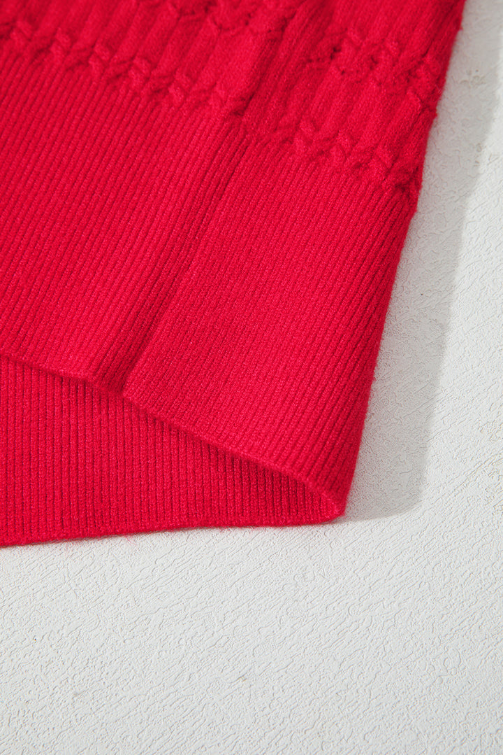 Fiery Red Trendy Pattern Knit Ribbed Cuffs Crew Neck Sweater