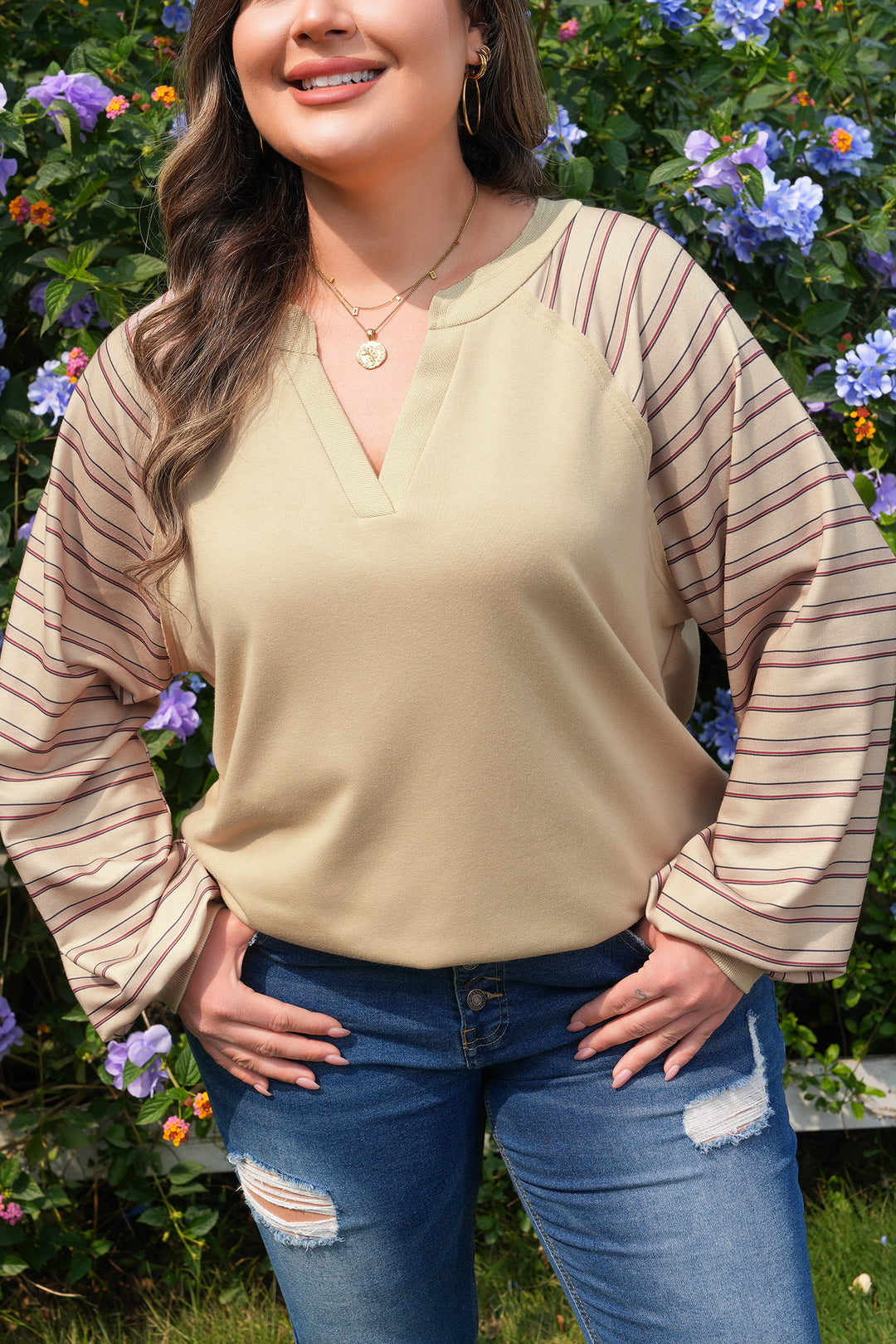 Parchment Striped Raglan Sleeve Notched Neck Raw Edge Plus Size Jumper