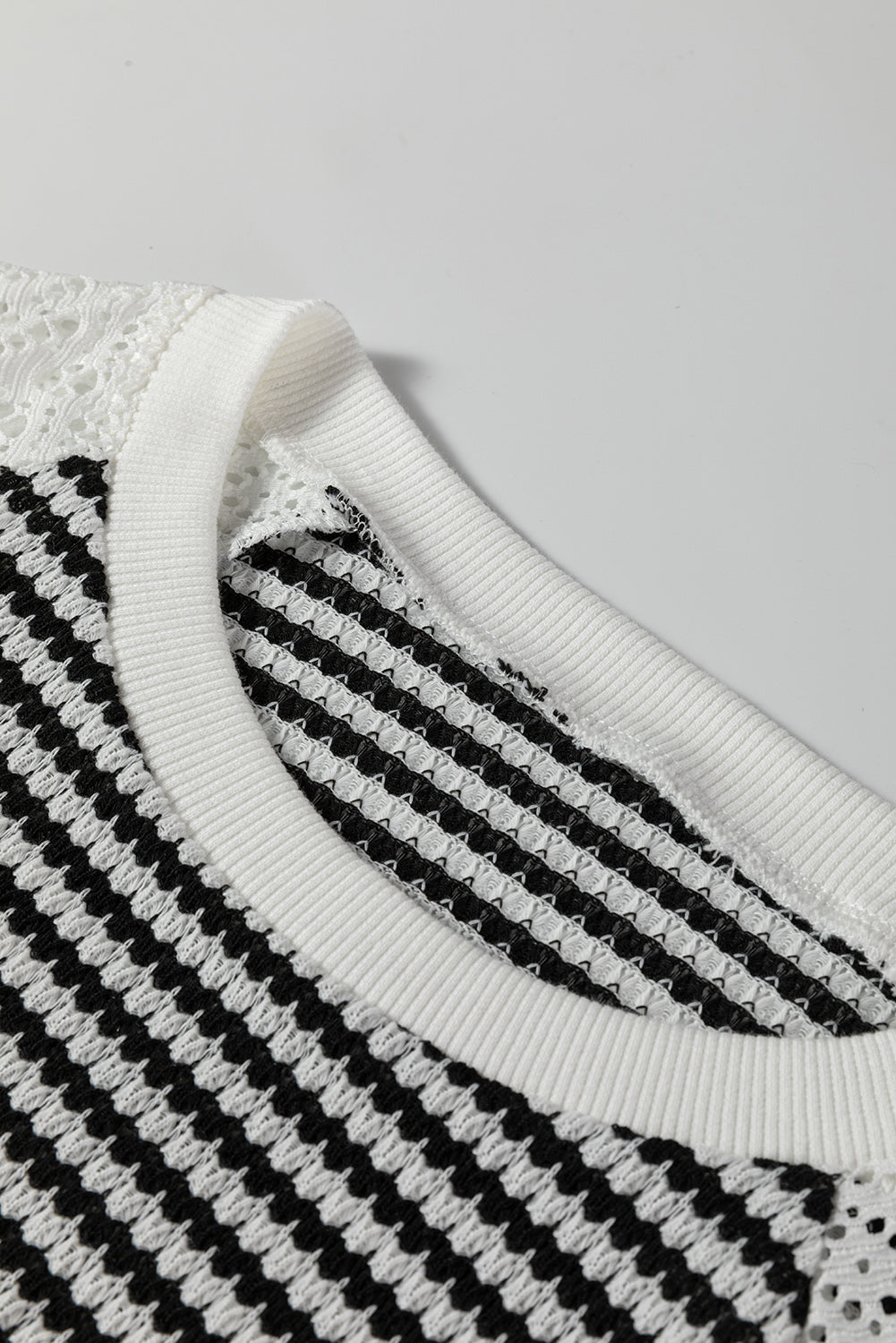 Black Stripe Textured Knit Contrast Hollowed Lace Patchwork Long Sleeve Top