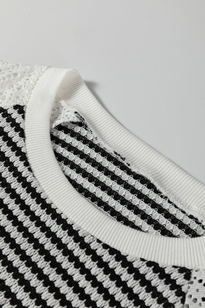 Black Stripe Textured Knit Contrast Hollowed Lace Patchwork Long Sleeve Top