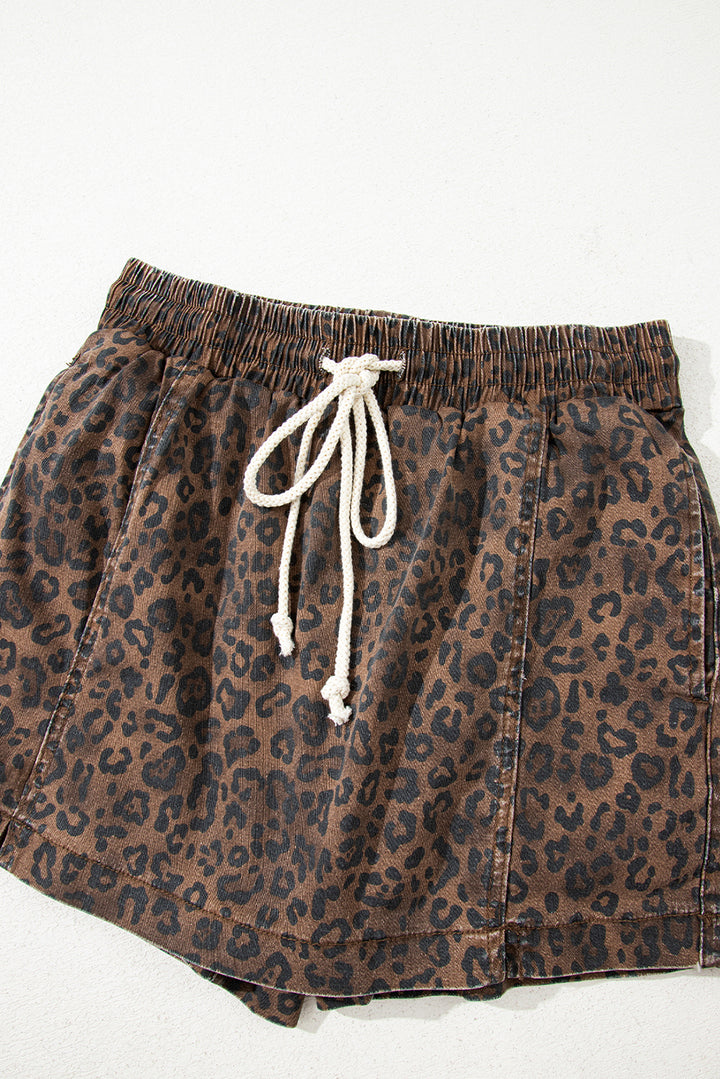 Brown Leopard Print Elastic Waistband Drawstring Denim Skort