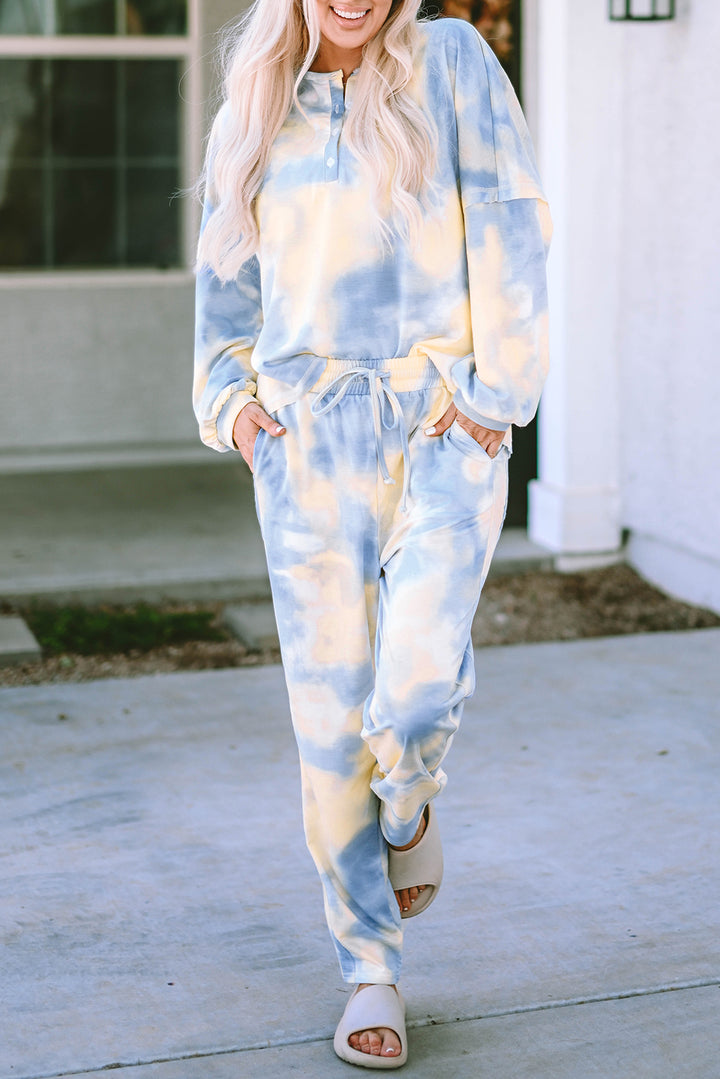 Multicolor Tie Dye Henley Top and Drawstring Pants Outfit