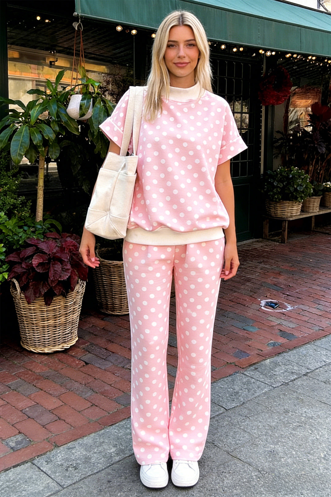 Pink Polka Dot Print Mock Neck Short Sleeve Top Shift Pant Set