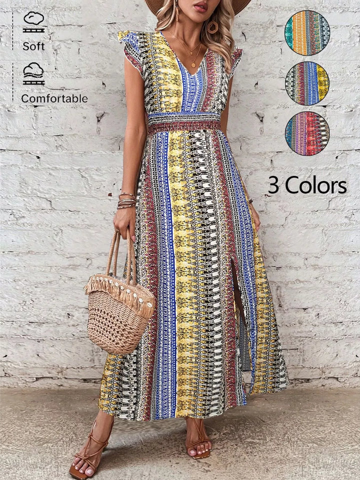 Boho Print Ruffle Sleeve Slit Dress