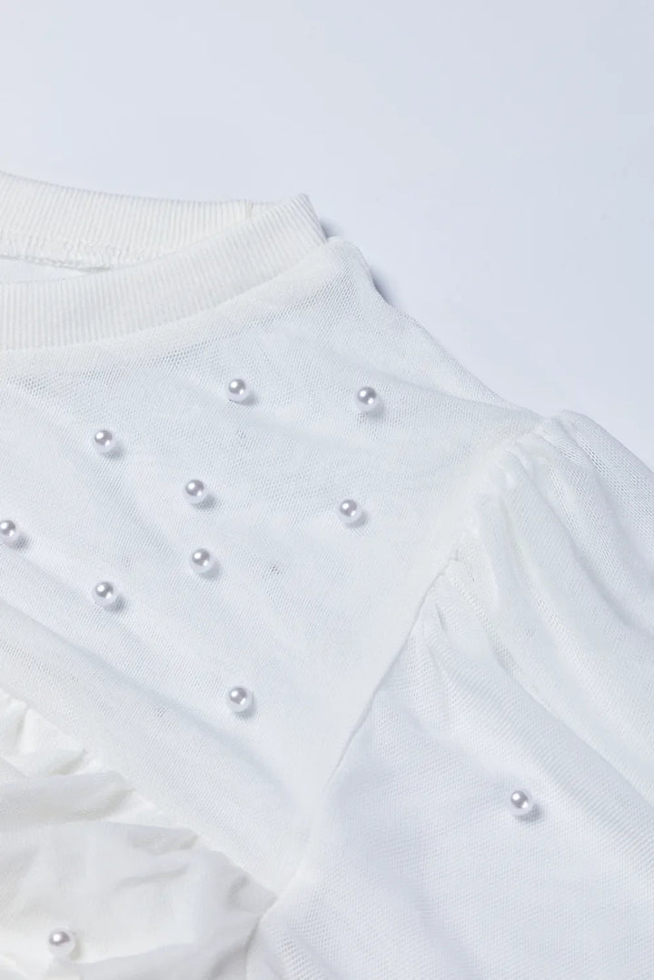 Pearl Decor Mesh Patchwork Ribbed Long Sleeve Top