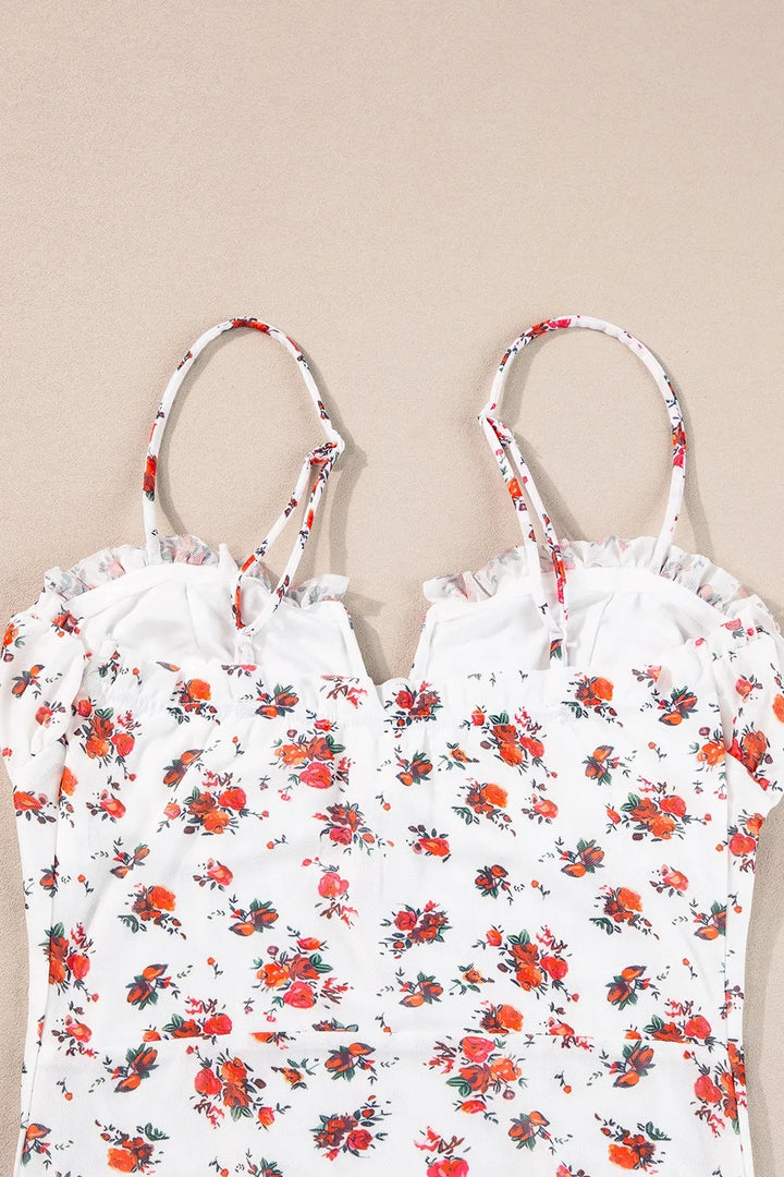 Floral Frilled Trim Spaghetti Straps Bodysuit