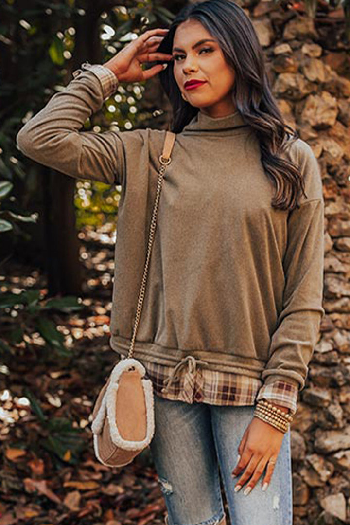 Breen Plaid Patchwork Knotted Hem High Neck Blouse