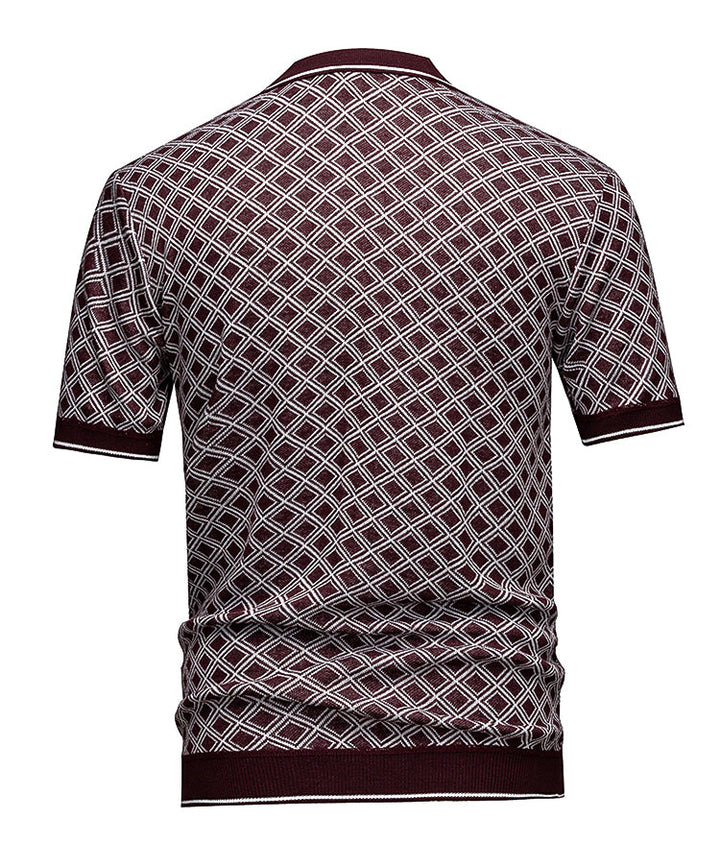 Men's Short Sleeve Knit Polo Shirt, Burgundy Diamond Geometric Jacquard, Smart Casual Retro Style, Breathable Knitted Top