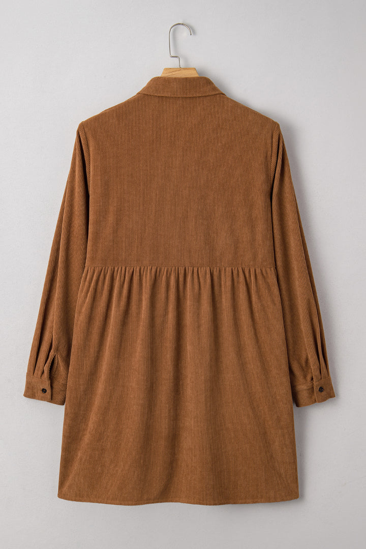 Camel Corduroy Full Buttoned Collared Shirt Style Plus Size Dress