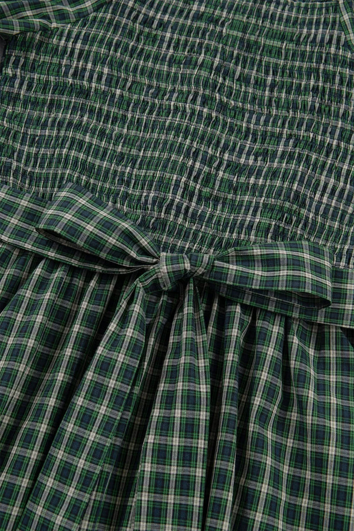 Plaid Square Neck Shirred High Waist Ruffle Hem Maxi Dress