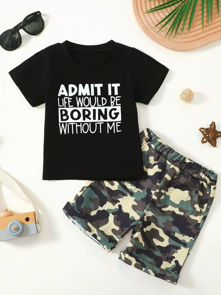 Children's Letter Graphic Tee and Camouflage Shorts Set