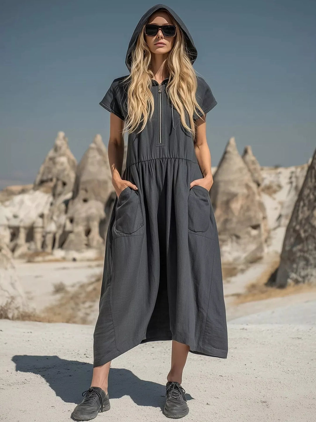 Full Size Hooded Midi Dress with Zipper and Pockets Plus Size