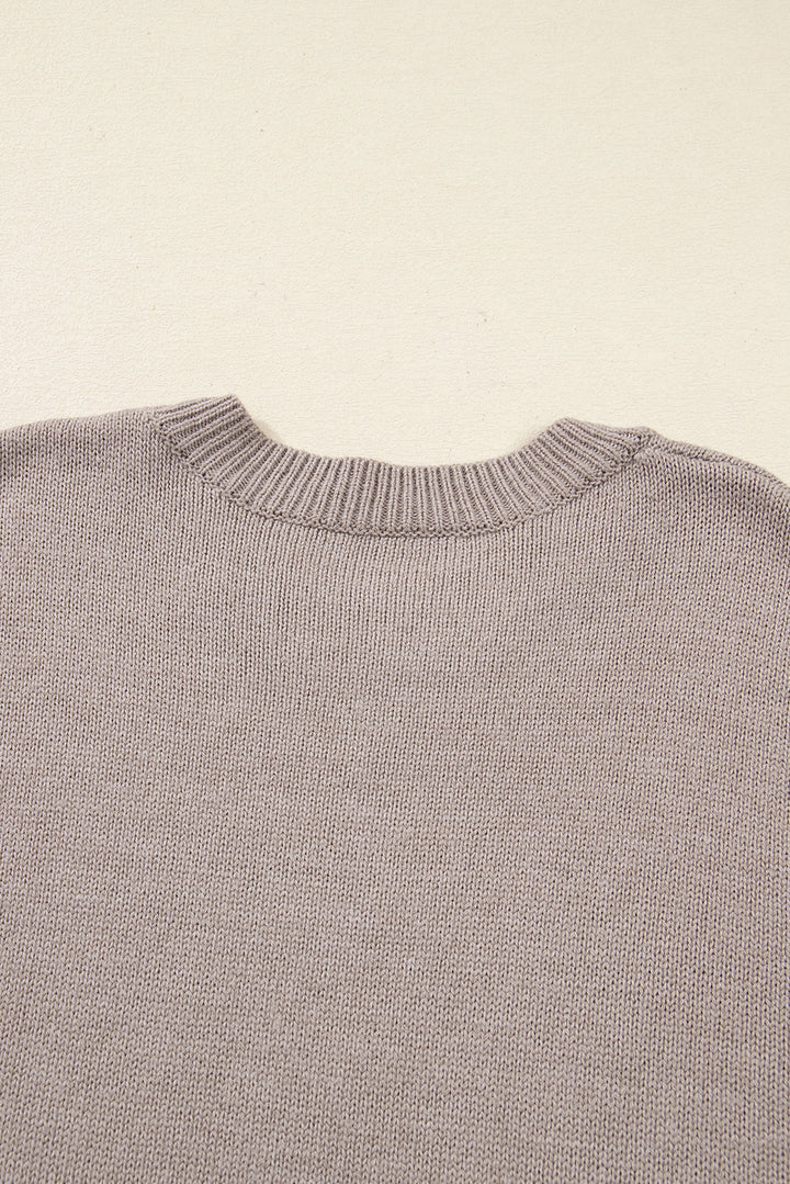 Simply Taupe Embroidered Floral Sleeve Round Neck Loose Sweater