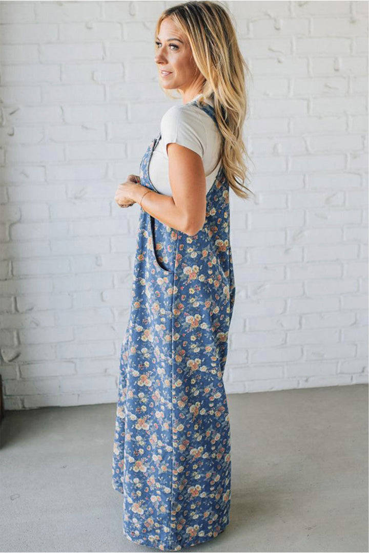 Blue Vintage Rose Printed Pleated Loose Denim Overall Jumpsuit