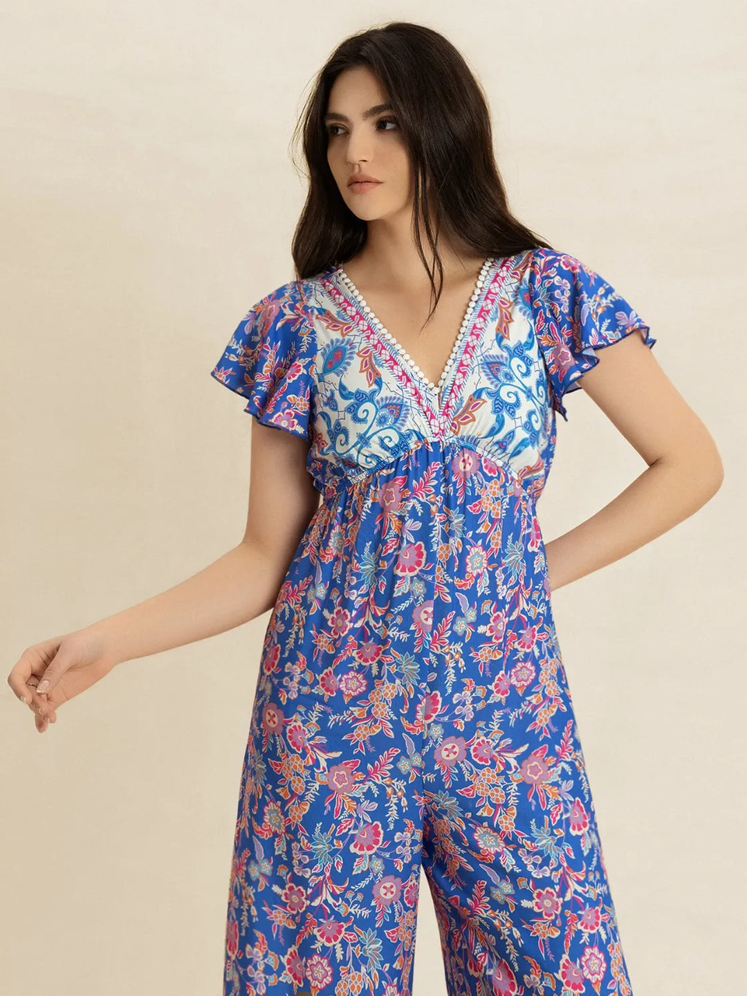 Printed V-Neck Wide Leg Jumpsuit