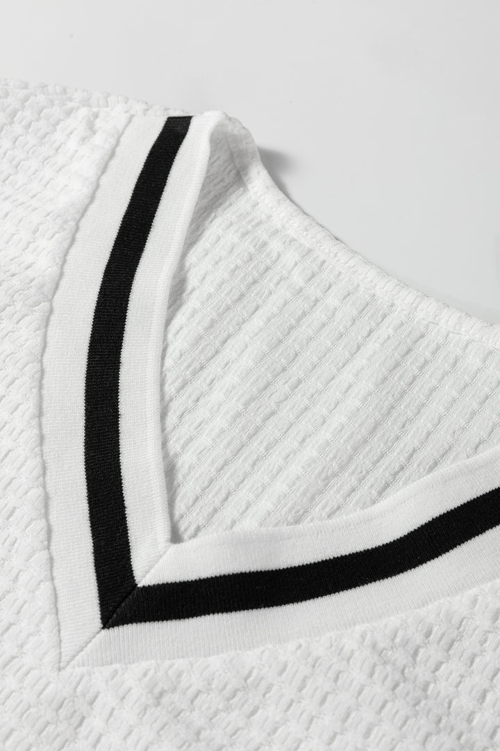 White Textured Knit Preppy Striped Trim V Neck Pullover Waffle Top