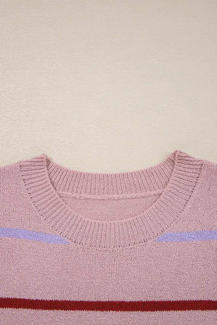 Pink Stripe Ribbed Edge Drop Shoulder Sweater
