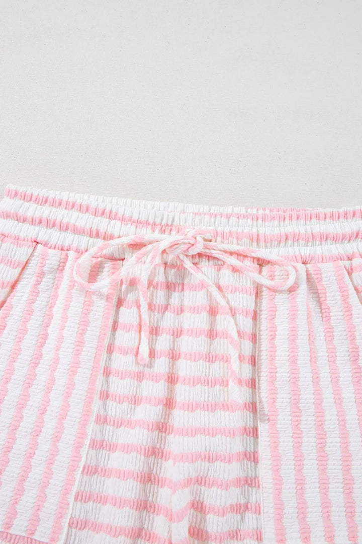 Stripe Knitted Short Sleeve Top and Drawstring Shorts Set