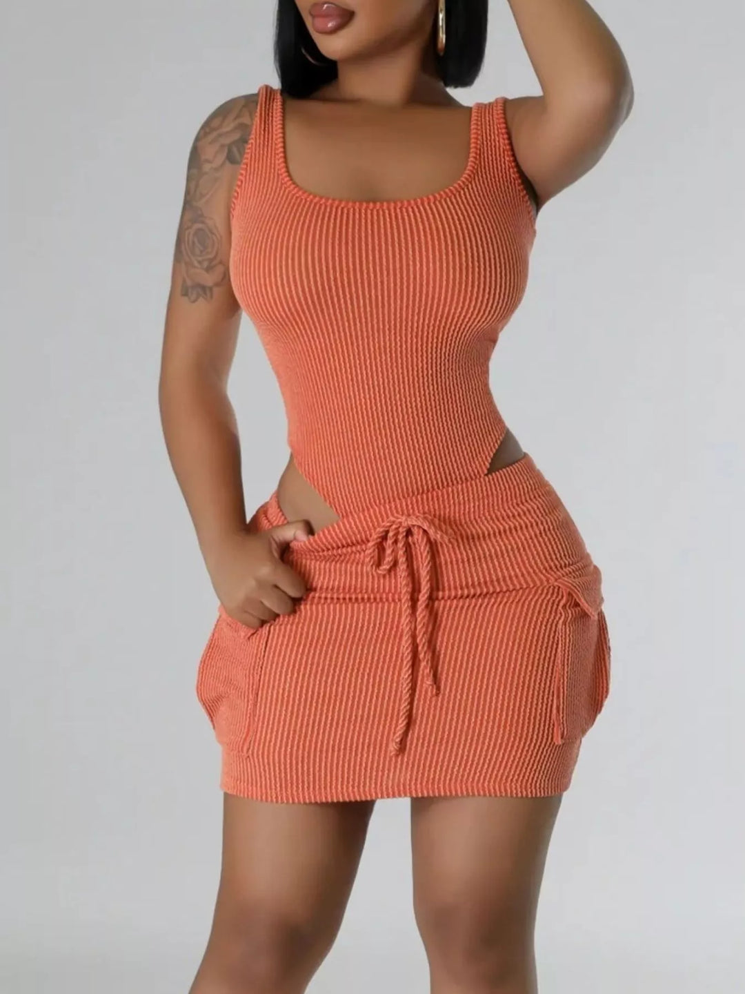 Ribbed Knit Bodysuit and Drawstring Skirt Set