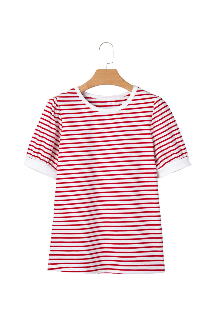 Red Stripe Contrast Trim Round Neck Short Puff Sleeve T Shirt