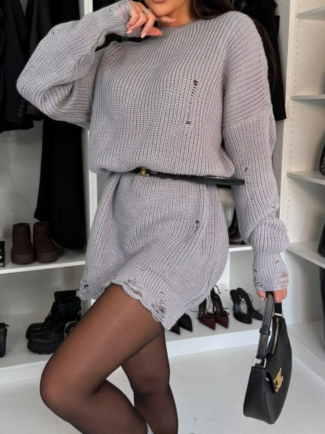 Distressed Round Neck Drop Shoulder Sweater Dress