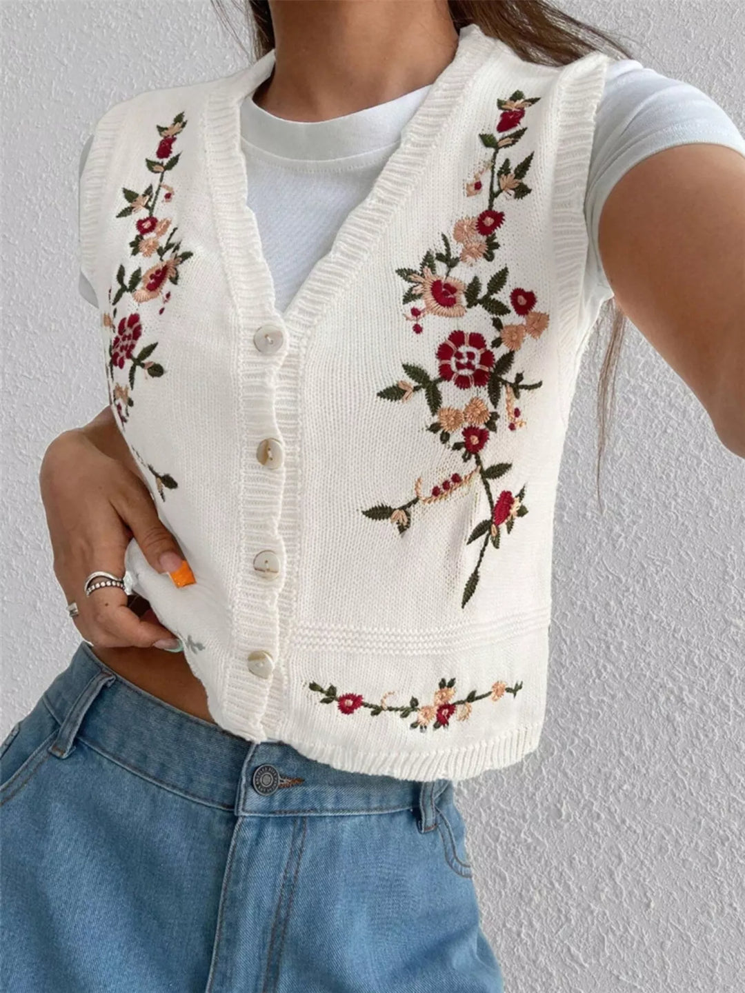 Embroidered Button Up Sweater Vest