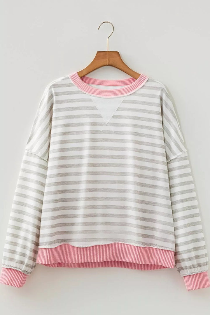 Twisted Rib Trim Striped Round Neck Loose Pullover Sweatshirt