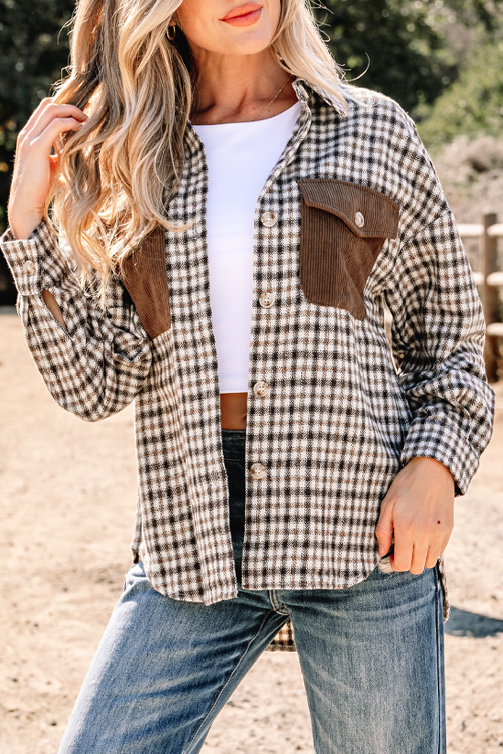 Casual Contrast Corduroy Flap Pocket Patchwork Plaid Shacket