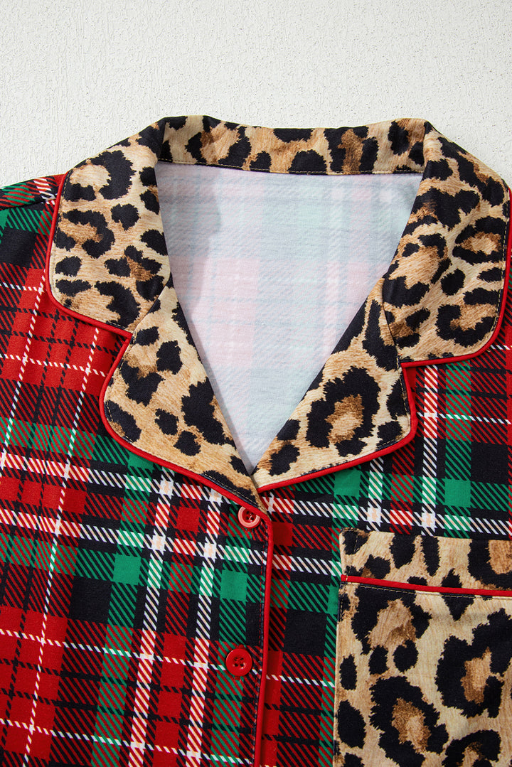Racing Red Retro Plaid Leopard Print Patchwork Long Sleeve Shorts Pajama Set