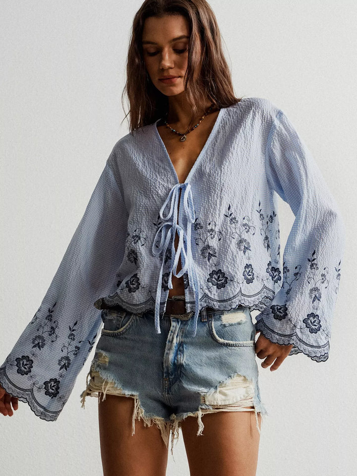 Floral Embroidered Tie-Front Blouse