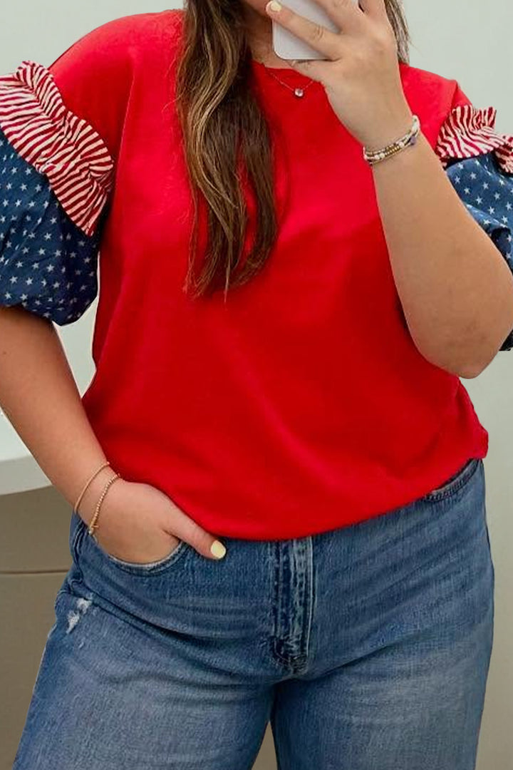 Fiery Red Plus Size Striped Ruffles Star Short Bubble Sleeve Patchwork Top
