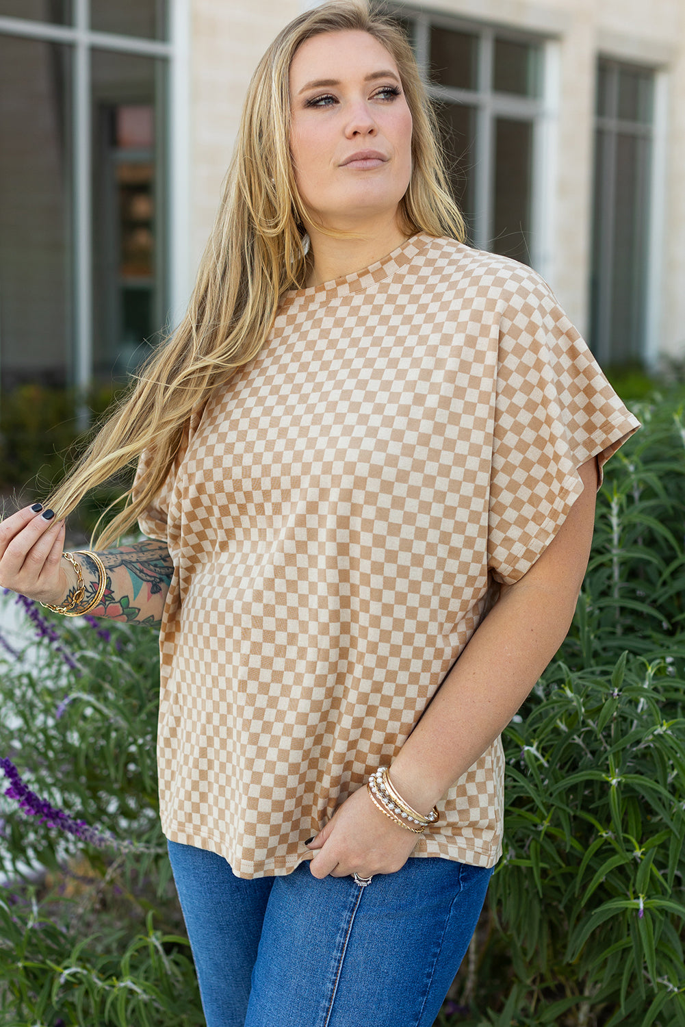 T-shirt kaki à manches courtes et col rond, motif damier, grande taille