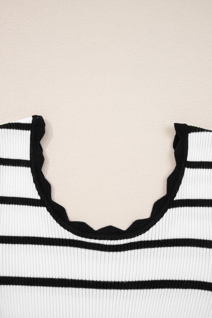 Black white Scalloped Trim U Neck Striped Ribbed Slim Sweater