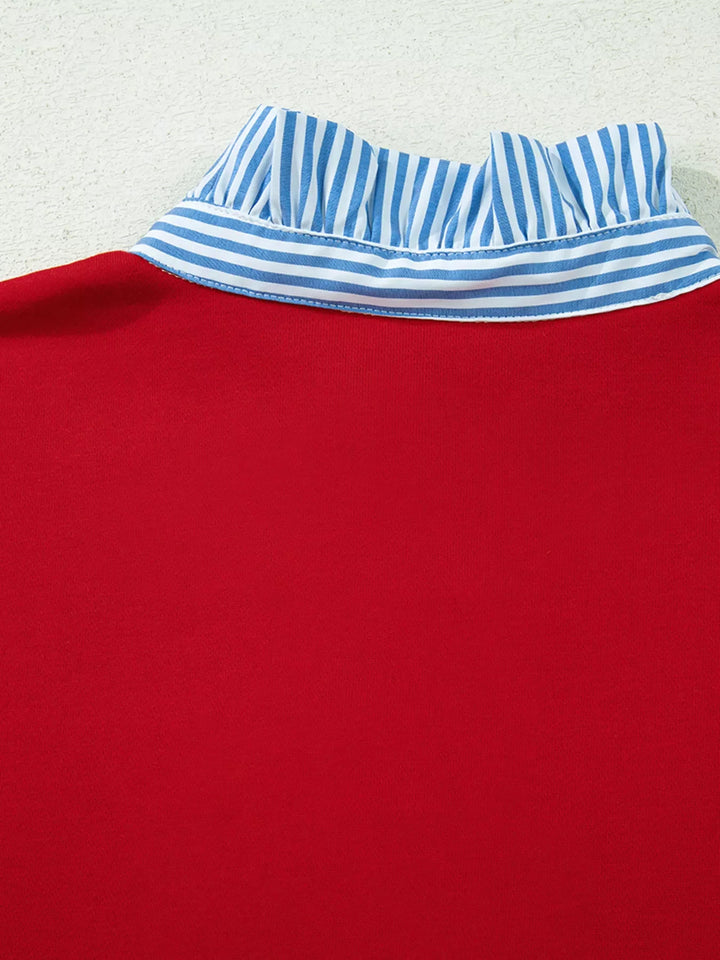 Striped Collar Patchwork Satin Bow Sweatshirt and Shorts Set