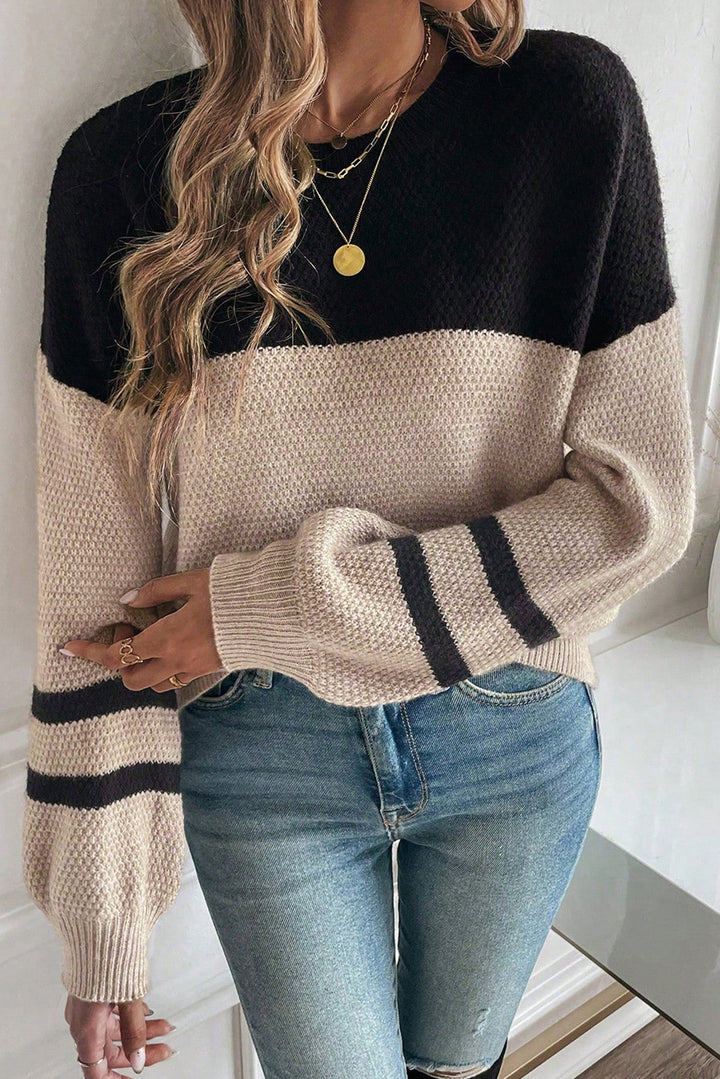 Parchment Color Block Knit Striped Sleeve Detail Casual Sweater
