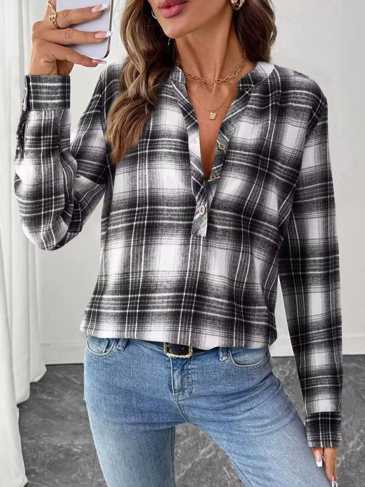Plaid Half Button Long Sleeve Blouse