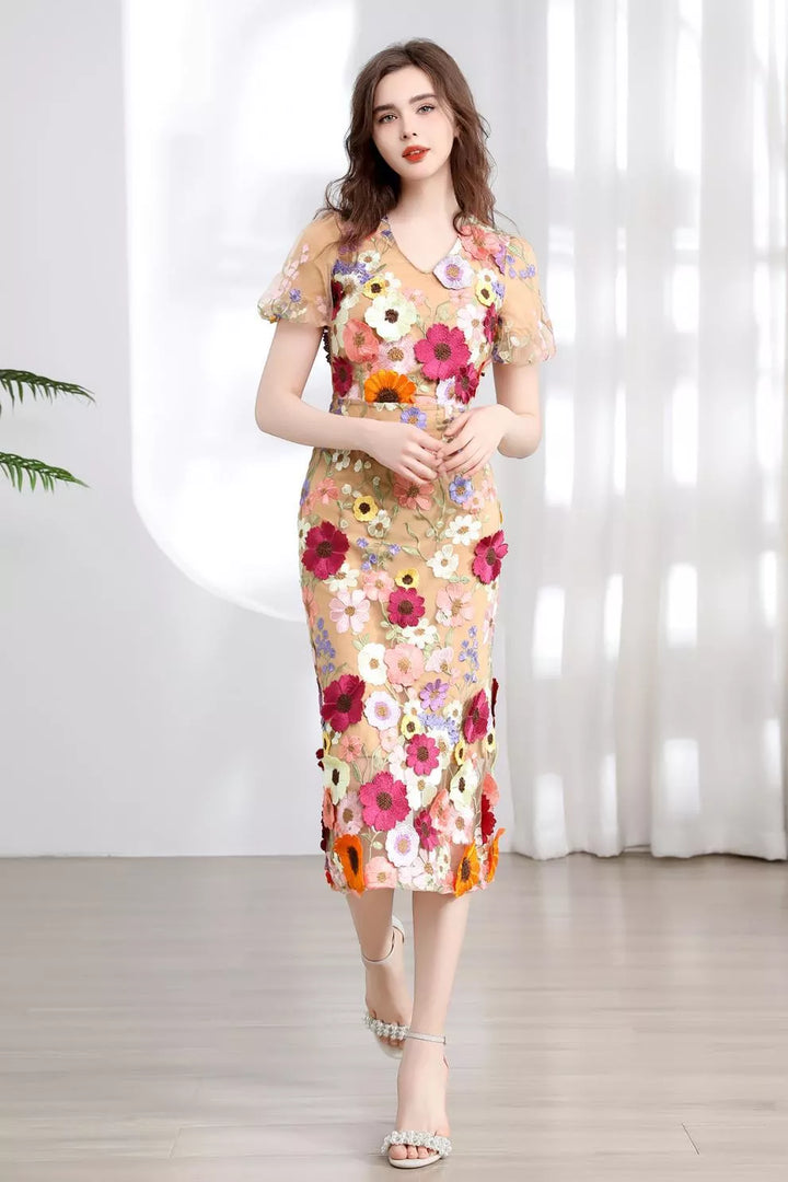 Floral Embroidered Puff Sleeve Midi Dress