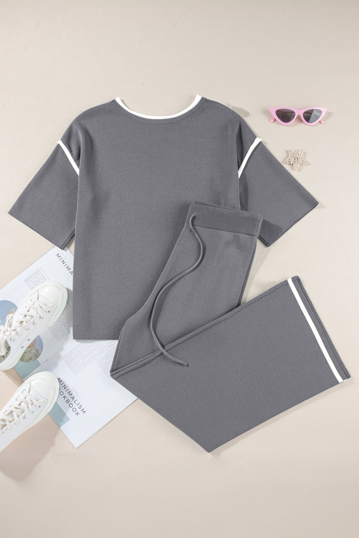Medium Grey Contrast Trim Half Sleeve Top Drawstring Pants Loose 2pcs Sweater Suit