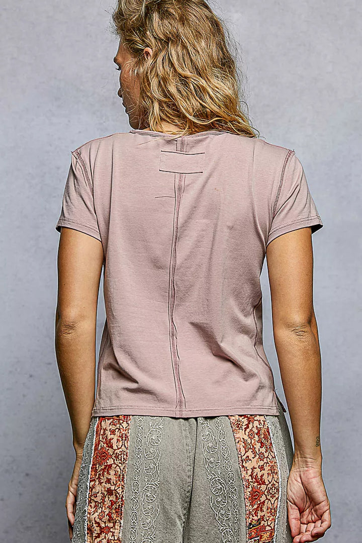 POL Contrast Stitching Round Neck Short Sleeve T-Shirt