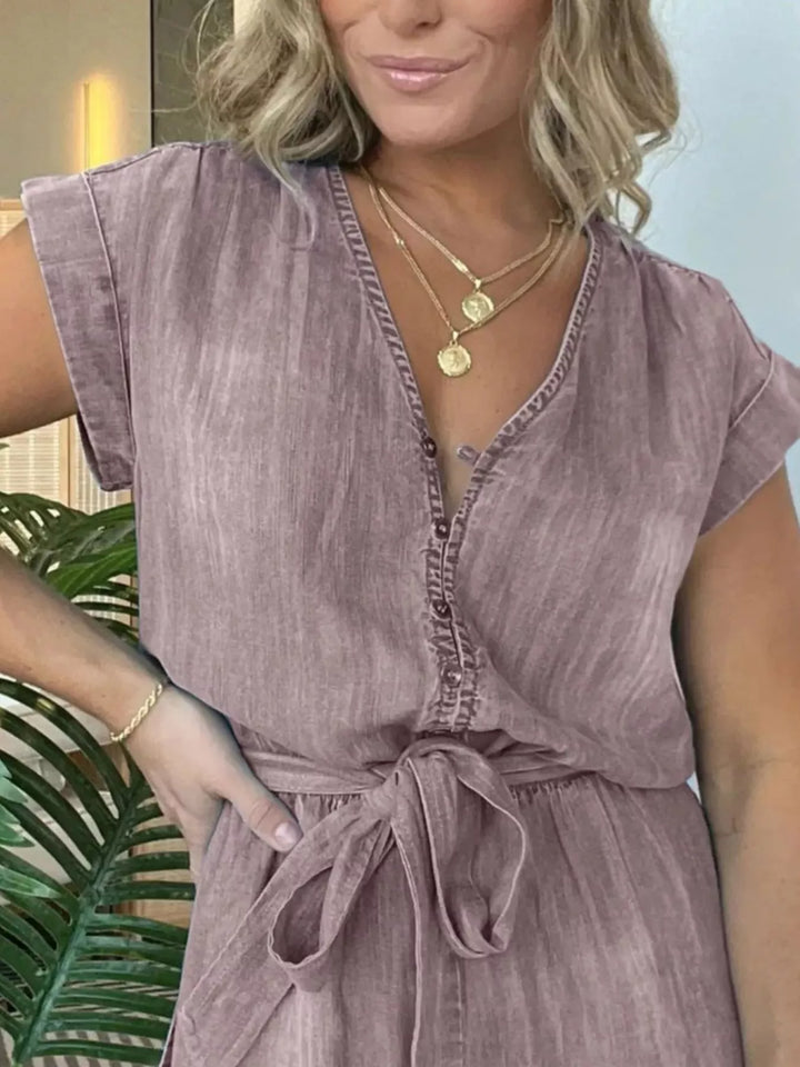 Full Size Tie Waist Cap Sleeve Romper Plus Size