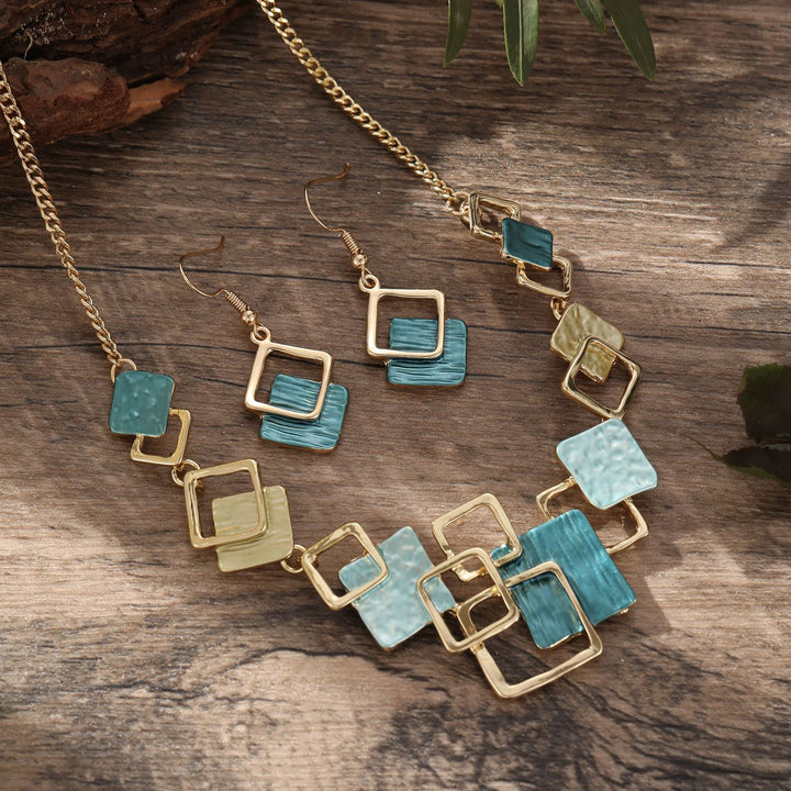Color Painting Oil Geometric Square Ear Studs Bracelet And Necklace Set