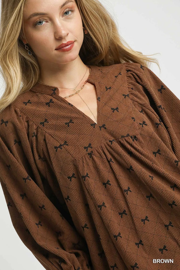 Umgee Corduroy Bow Print Balloon Sleeve Blouse