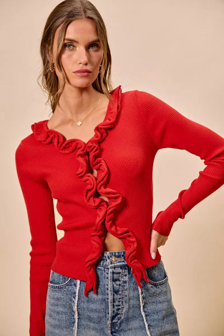 SO ME Cascade Ruffle Ribbed Sweater Cardgian