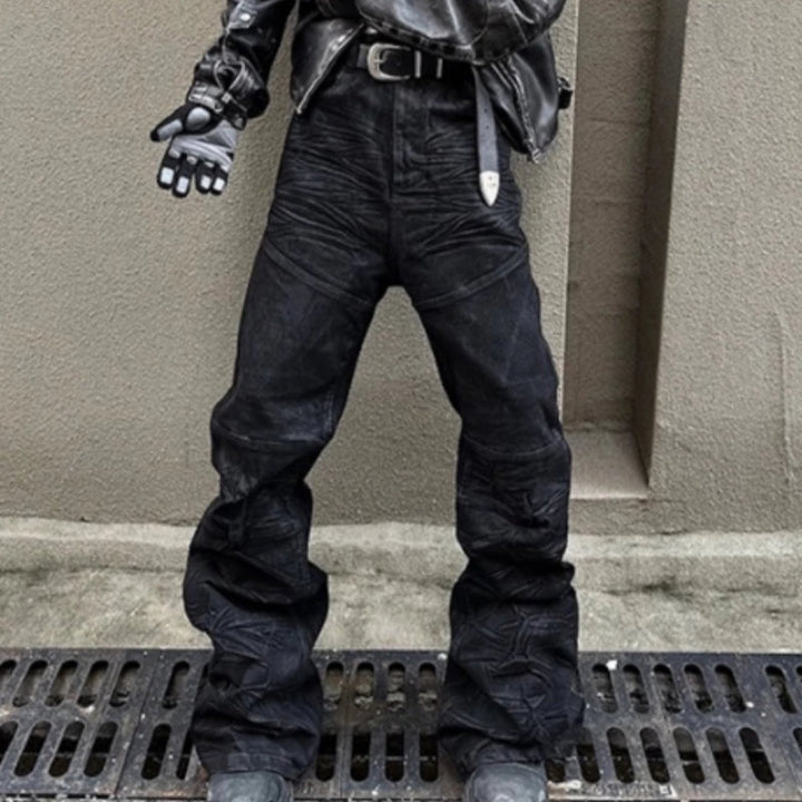American-style Raw-edge Slim-fit Pleated Slightly Flared Denim Jeans