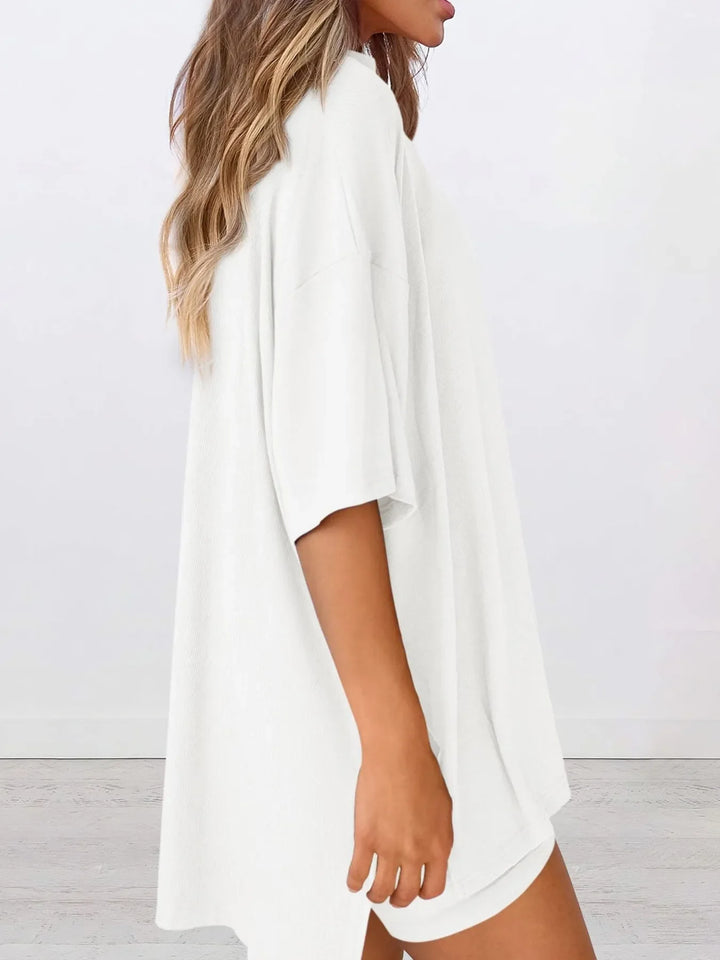Full Size Oversized Slit Round Neck Top and Shorts Lounge Set Plus Size