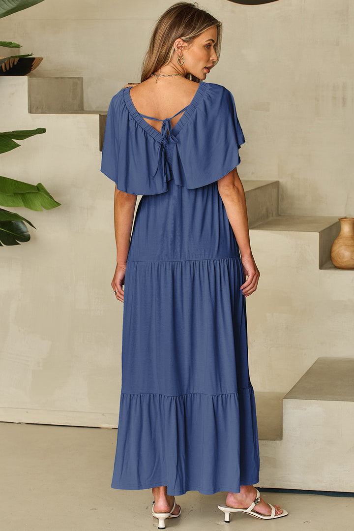 Navy Blue Textured V Neck Flutter Sleeve Ruffled Maxi Dress